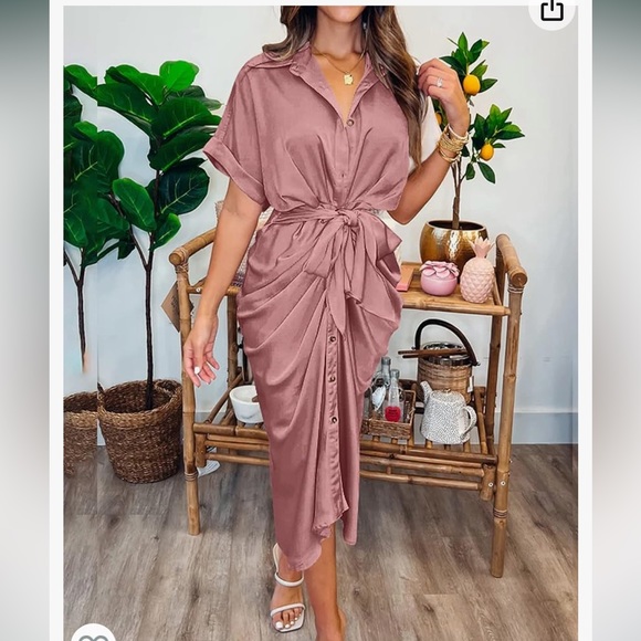 Amazon Button Down Ruched Short Sleeve Pink Shirt Dress, NWOT - Picture 4 of 6